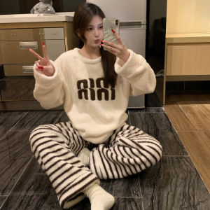 Thickened Coral Fleece Sleepwear Womens Home Clothes Set Half Fleece Winter Pajamas Long Sleeve round Neck Cartoon Dog Pattern