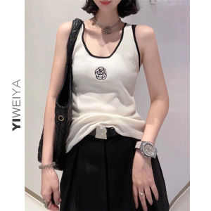 เสื้อสเวตเตอร์ถักผ้าขนสัตว์แขนกุดปักลายฤดูร้อน 2025 สำหรับผู้หญิง สีขาว ทรงเข้ารูป ทรงหลวม แขนกุด คอวี แขนสั้น