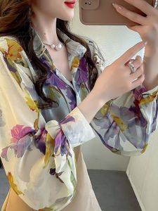Korean Style Floral Print Chiffon Shirt Womens Thin Loose Summer New Breathable Sun Protection Top Button Design Long Sleeve Polo Neck