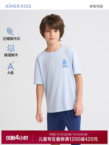 Aimix Kids Summer Sleepwear Short Sleeve Hooded Pajamas Boys Moisture Wicking Five-Point Sleep Pants Casual Style Polyester Blend