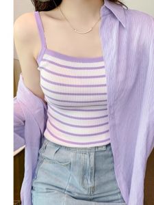 French High-End Striped Knitted Camisole Vest Women Summer New Style Korean Color Block Slim Fit Inner Wear Short Top