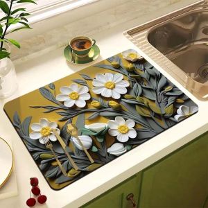 Thảm Nhà Bếp Nghệ Thuật Hoa Văn Trừu Tượng Thảm Thấm Nước Làm Khô Bát Đĩa Cao Su Chống Trượt Bộ Đồ Ăn Placemat Phong Cách Hiện Đại Thân Thiện Với Môi Trường Cho Phòng Khách & Quầy Bar