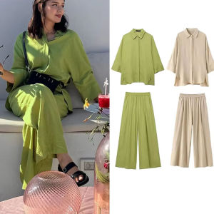 2025 Women Green Casual Pants Set Cotton Linen Elastic Waist Loose Pant+Solid Single-Breasted Slit Hem Blouse Tops Street