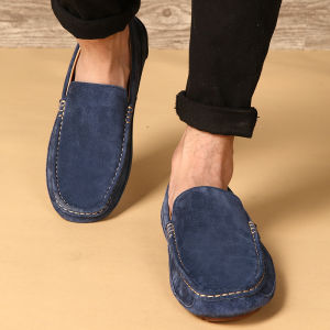 Genuine Leather Mens Wide Fit Bean Shoes Casual round Toe Rubber Sole Fashion Single Shoes Comfortable Leisure Flat Heel Footwear