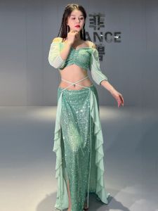 2025 New Belly Dance Practice Dress Mermaid Sequin Performance Costume Eastern Dance Class Uniform Womens Net Fabric Skirt