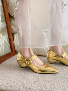 Leather Mary Janes High Heels Womens Chunky Block Heel Pointed Toe Shoes Spring Autumn Seasonal Slip-On Fashion Single Shoes