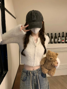 เสื้อคาร์ดิแกนคอวีหนาแขนยาวผ้าขนสัตว์สั้นสำหรับผู้หญิง ฤดูใบไม้ร่วง/ฤดูหนาว ปิดด้วยซิป นุ่ม ขนาดเล็ก เสื้อผ้าทำงาน