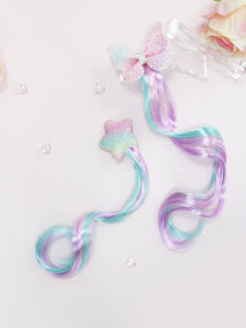1pc Sweet and Cute Gradient Curly Hair Clip for Girls – Colorful Gradient Star/Butterfly Hair Clip with Braidable Fake Hair