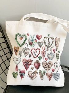 Printed Canvas Tote Bag Heart Shape Student Bookbag Shoulder Handbag Fashionable Casual Soft Foldable Washable Youth Backpack