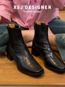 Genuine Leather French Style Chelsea Boots High Heel Fleece Lined Slim Fit Womens Boots Spring Autumn Short Boots