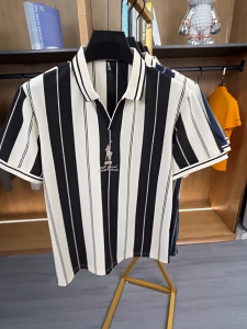 QiaoYiLuo Áo polo thêu kẻ sọc cho nam áo polo ngắn tay cổ áo polo thời trang rộng thùng thình áo polo doanh nhân đơn giản
