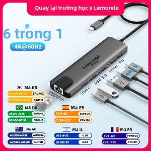 Lemorele | Cổng Kết Nối Đa Năng Lemorele TC44 6 Trong 1 USB C Hub 3.0 Với HDMI 4K 60Hz RJ45 100W Dành Cho Laptop Windows MacOS Bộ Chuyển Đổi Type C