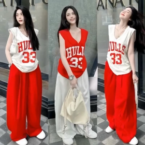 #COD Korean Terno For Women Loose Letter Printed Top+Wide Leg Pants Two Piece Sets Suitable For S-XL