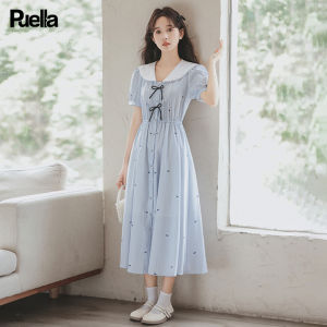 Puella | Academic Style Fresh Summer Dress with Navy Collar and Lace-up