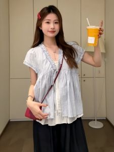 Loose Womens T-shirt Summer New Style French Pure Desire Wind Belted Wood Grain Edge Large Size Anti-Aging Top