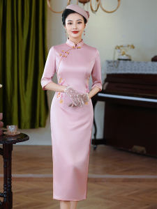 ชุดกี่เพ้าสีชมพูหรูหรา ทรงยาว สำหรับงานแต่งงาน ชุดกี่เพ้าสไตล์ย้อนยุค เดรสยาว ชุดกี่เพ้าผู้หญิง ชุดกี่เพ้าจีน