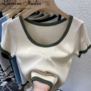 เสื้อยืดผู้หญิงแขนสั้นผ้าไอซ์ซิลค์ถักเข้ารูปพอดีสไตล์เกาหลี เสื้อยืดคอสี่เหลี่ยมสไตล์ลำลอง