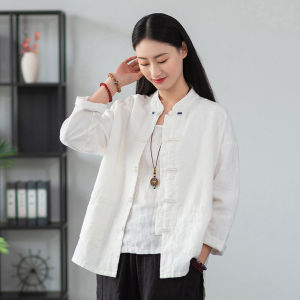Áo Sơ Mi Vải Lanh Cotton Cổ Tròn Phong Cách Trung Hoa Cổ Điển Dành Cho Nữ Mùa Thu 2025 Áo Khoác Ngoài Dài Tay Dáng Rộng