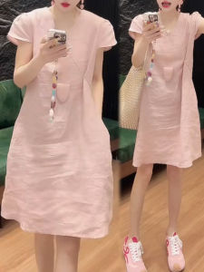 Shalldoer | Korean Style Artistic Fashionable Womens Dress Summer Loose Slimming Midi Skirt Casual Splice High Waist Short Sleeve A-Line Dress