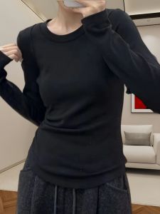 Slimming Loose Knitted Long Sleeve Base Shirt Pure Color Low round Neck Spring Thin Soft Casual T-Shirt Womens Fashion Top