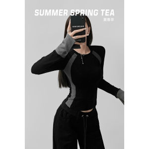 Summer Spring Tea American Patchwork Contrast Color Sports Long Sleeves T-shirt Female Winter Silm Slim Looking Short Inner Wear Tops New Arrival
