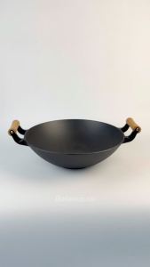 Balance.co Premium 36cm Cast Iron Flat Wok with Wood Handle Wok Kuali dengan pemegang kayu