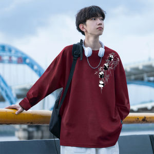 Chinese Fad Long Sleeves T-Shirt Mens Spring and Autumn Panda Printing Trendy Base Shirt Pure Cotton Loose Wine Red T-shirt Top