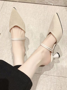 Dép Xỏ Ngón Mũi Nhọn Dệt Kim Hở Mũi Thời Trang Mùa Hè Cho Nữ Dép Xỏ Ngón Cao Gót Nửa Đế Thường Ngày Bằng Da PU