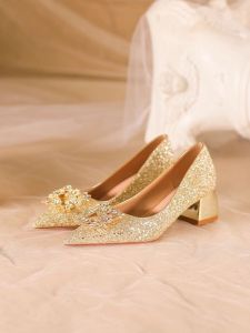 Giày Cao Gót Đính Pha Lê Màu Vàng Cho Cô Dâu Giày Cao Gót Đế Dày Kiểu Pháp Mới 2024 Giày Cưới Thanh Lịch Cho Nữ