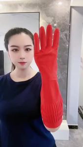 Găng Tay Nhà Bếp Dài Tay Chống Thấm Nước S/M/L Cao Su Đỏ Dùng Để Rửa Bát Đĩa - Dụng Cụ Silicon Có Fourchettes