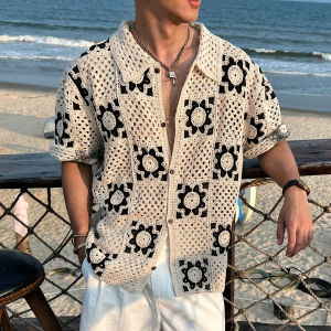 OXFREAK | Crochet Granny Square Split Sewn Short Sleeve Shirt Men