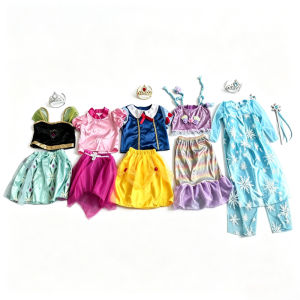 Whimsical Fairytale Two-Piece Cosplay Suit Kids Printed Tulle Skirt Puff Sleeve Blouse Matching Jeweled Headwear for Carnival