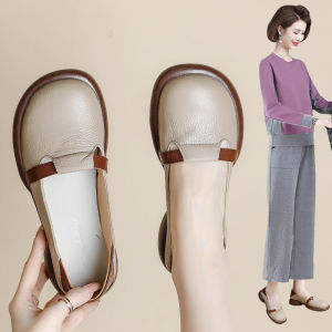 Comfortable Fashion Ladies Slip-On Shoes Color Block New Chinese Style round Toe Rubber Outsole Ultra-Fine Fiber Lined mid Heel