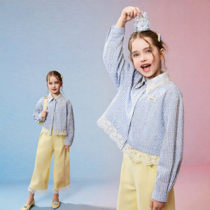 Ask Junior | Spring New Style Girls Lace Stitched Plaid Shirt