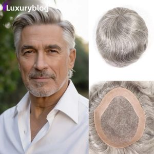 Hệ Thống Thay Thế Tóc Giả Nam Màu Xám Kiểu Sóng Chất Liệu PU Thoáng Khí Tóc Giả Nam Chất Lượng Cao Tóc Remy Ấn Độ Kích Thước 8x10 Inch # 580
