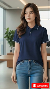 Áo Polo nữ Bee vải cá sấu Thái màu xanh đen phối 1 sọc trắng thanh lịch tôn dáng