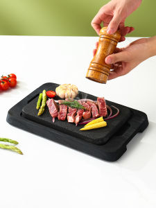 Black Wooden Board Insulated Volcanic Stone Steak Plate BBQ Grill Cooking Dish Commercial Restaurant Use Japanese Style