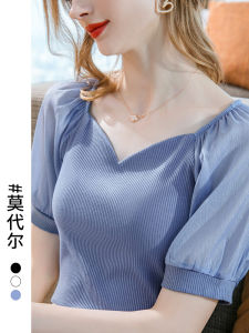 Modal Bubble Sleeve Top Womens Short Sleeve Square Collar T-Shirt Summer New Design Sensation Fashionable Korean Style Slim Fit