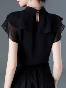 Brand Discount Black Loose Short Sleeve Womens Summer 2025 New Style Lace Trim Chiffon Top Belly Covering Versatile Top