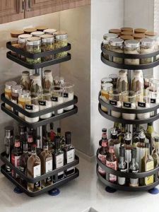 360 Degree Rotating Kitchen Storage Rack Spice Oil Salt Vinegar Seasoning Organizer Carbon Steel Nordic Style Kitchen Shelf