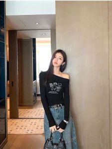 Black Sweet Cool Spicy Shoulder Bared Long Sleeve T Shirt Womens Spring Autumn New Style Slimming Short Base Top