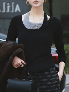 QINGNAER | Color Block Turtleneck Faux Two-Piece Knit Sweater