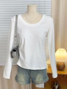 เสื้อยืดคอกลมแขนยาวผ้าฝ้ายแท้ทรงสลิมฟิตสไตล์เกาหลีสำหรับผู้หญิง ฤดูใบไม้ร่วง 2025 เสื้อเชิ้ตแขนยาวทรงเข้ารูปสำหรับผู้หญิง