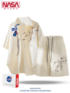 NASA WTAPS Mens Summer Casual Sportswear Set Short Sleeve Embroidered Shirt And Shorts Two-Piece Suit Polyester Fiber Five-Quarter Length