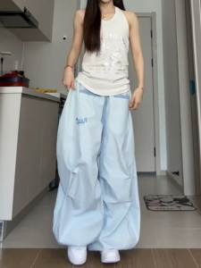 American Retro Blue Striped Casual Pants Women Summer New Loose Drapey Versatile Wide Leg Floor Length Pants Commute Style