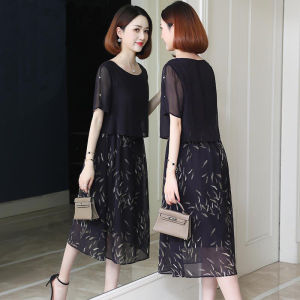 Elegant Mid-Length Shirt Collar Short Sleeve Chiffon Dress Elastic Bandage Ice Silk Skirt Black Mesh for Mommy Commute Summer