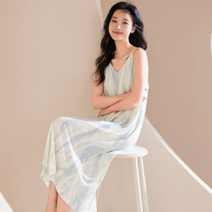 Miiow | Ice Silk Womens Nightgown Summer Thin Strap Home Clothes Sleepwear V-neck Long Dress Style Comfortable Breathable Lightweight