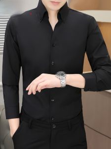 HENGYUANXIANG | Easy Care Mens Long Sleeve V-Neck Shirt Stand Collar Pure Color Spring Autumn High Quality Business Casual Fashion Shirt