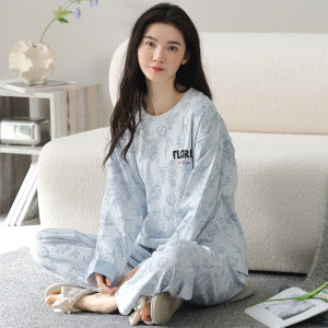Miiow | Pure Cotton Long Sleeve Round Neck Sleepwear Set For Women Cute Cartoon Home Clothes Casual Style Comfortable Cotton Pajamas