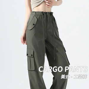 กางเกงขายาวทรงหลวมเอวสูงสไตล์อเมริกันสำหรับผู้หญิง กางเกงขายาวทรงตรงลำลองแห้งเร็ว กางเกงกีฬา กางเกงขายาวทรงหลวมสำหรับผู้หญิง